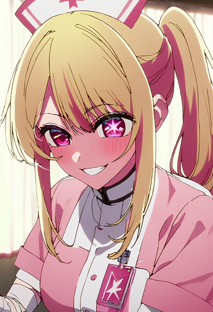 Blonde、nurse、injection、Highest quality、Star-shaped pupil、The best smile、long hair、Pink Eyes、ponytail