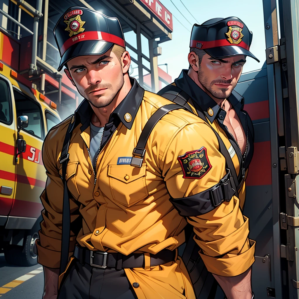 32k,masterpiece, best quality, face, natural eyes, 1man, macho hunk man,, muscled and mature, stephen amell as a firefighter wearing totally unbuttoned firefighter overall, sweating, tight cloth showing his muscles , full body , background station , truck , equipment