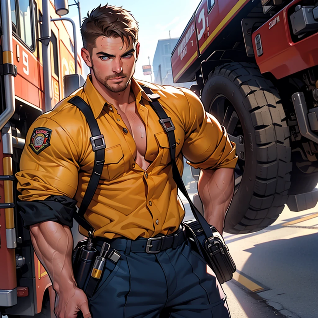 32k,masterpiece, best quality, face, natural eyes, 1man, macho hunk man,, muscled and mature, stephen amell as a firefighter wearing totally unbuttoned firefighter overall, sweating, tight cloth showing his muscles , full body , background station , truck , equipment