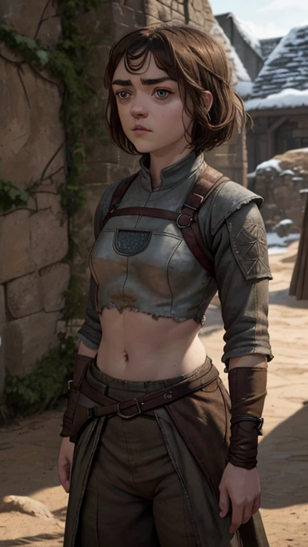 8k, Maisie Williams face, pale skin, toned abs, small breast, round ass, her round ass visible, brown hair, Maisie Williams as Arya Stark, torn ragged peasant clothes, standing stance, winterfell in background