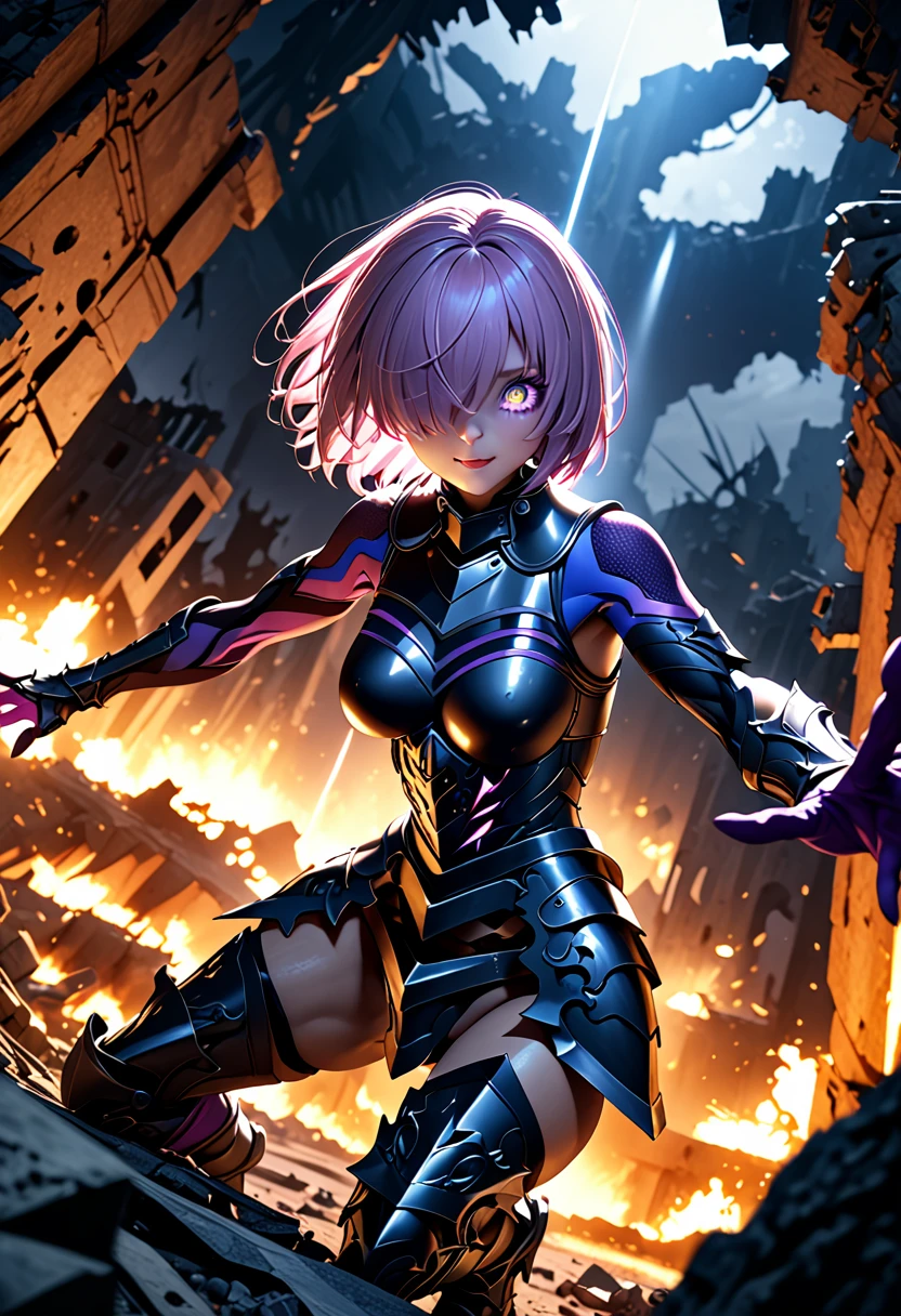 (masterpiece, top quality, best quality, beautiful and aesthetic:1.2), full body, SFW, extremely detailed, detailed face and eyes, cinematic light, depth of field, 1girl, seducing smile, solo, official, (full armored knight:1.4), dark armor, mash kyrielight, light purple hair, short hair, hair over one eye, slim body, cinematic lighting, dramatic lighting, dramatic atmosphere, hyper-realistic, high resolution, stunning contrast, high quality, best quality, 8k, 4k, intricately detailed, (amazing details:1.2), highly detailed skin, powerful presence, vibrant colors, (detailed eyes:1.2), striking eyes, (detailed background), (warzone on background, night, ruins), (dynamic angle:1.2), (dynamic pose:1.2)