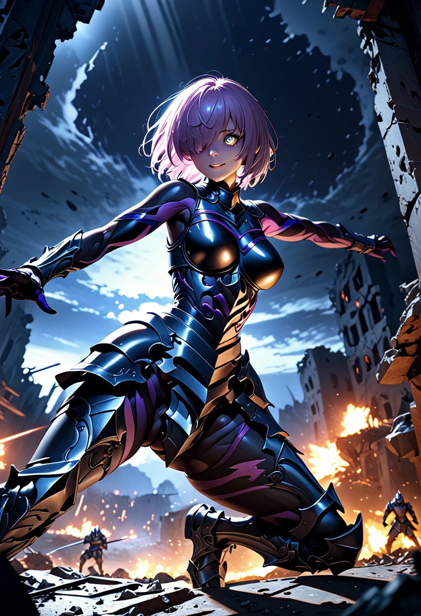 (masterpiece, top quality, best quality, beautiful and aesthetic:1.2), full body, SFW, extremely detailed, detailed face and eyes, cinematic light, depth of field, 1girl, seducing smile, solo, official, (full armored knight:1.4), dark armor, mash kyrielight, light purple hair, short hair, hair over one eye, slim body, cinematic lighting, dramatic lighting, dramatic atmosphere, hyper-realistic, high resolution, stunning contrast, high quality, best quality, 8k, 4k, intricately detailed, (amazing details:1.2), highly detailed skin, powerful presence, vibrant colors, (detailed eyes:1.2), striking eyes, (detailed background), (warzone on background, night, ruins), (dynamic angle:1.2), (dynamic pose:1.2)