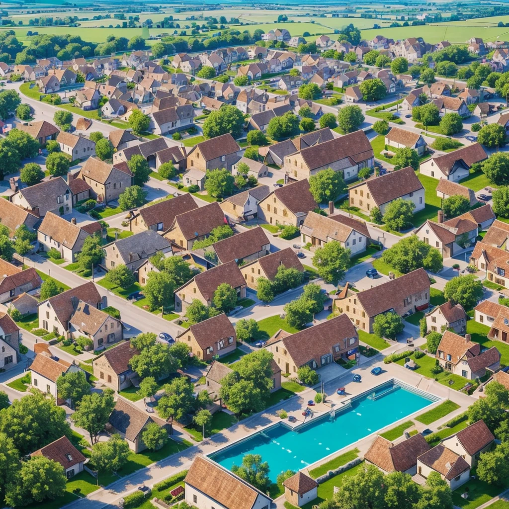 a view of a small town with a pool and a lot of houses, Beautiful and detailed, cottage town, Medieval village, a small Medieval village, medieval town, Medieval city, small town surrounding, As detailed, Detailed city, Quaint village, town background, pixel town, town, Small village, Medieval city map, 小さなtown, realistic photo of a town