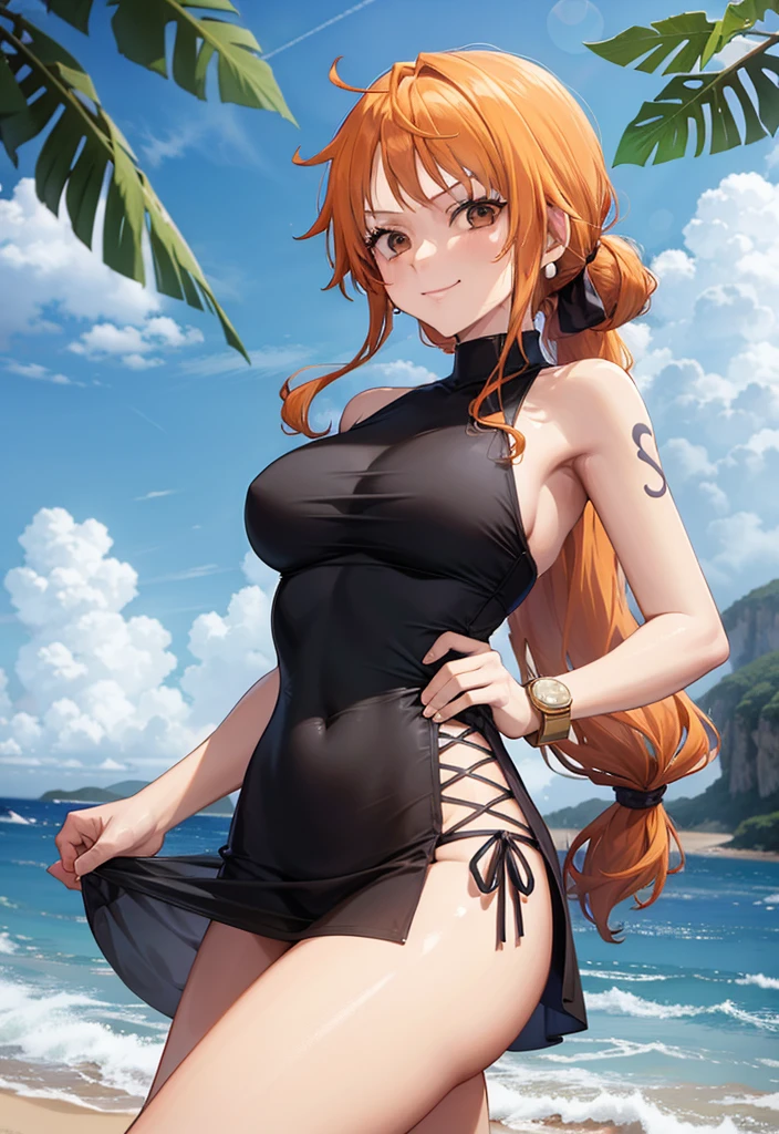 1girl, orange_hair, nami_(one_piece), solo, earrings, jewelry, long_hair, fruit, food, looking_at_viewer, upper_body, orange_(fruit), breasts, leaf, sleeveless, closed_mouth, tank_top, brown_eyes, bare_shoulders, hair_ribbon, smile, bangs, outdoors, arms_behind_back, ribbon, ponytail
