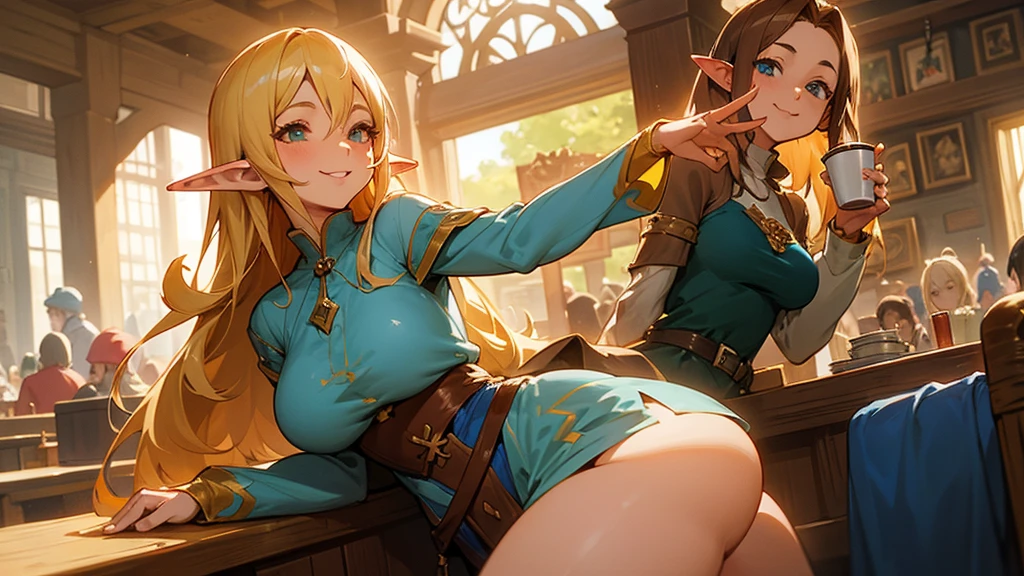 Anime Style,Nostalgic,Detailed background,The medieval world,A lively coffee shop with lots of people,Smiling bard beautiful elf girl holding coffee,Large Breasts,Healthy thighs,Underarm