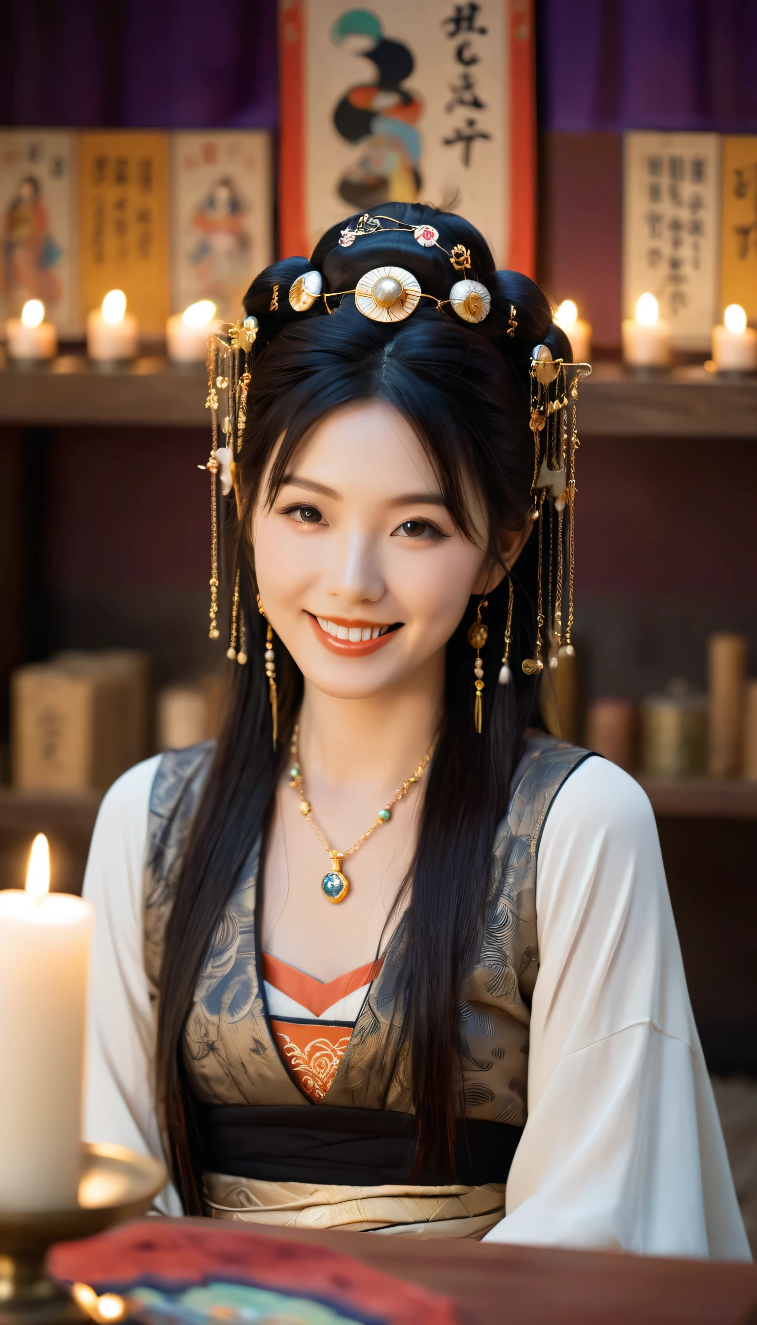 Top quality, masterpiece, high resolution, 1 female, 35 years old, Japanese, Western Fortune Teller Costume, Hair accessories, necklace, Jewelry, Pretty Face, A calm smile, Above_Body, Tyndall effect, Reality, Divination Room, Candles on the table, Tarot, Rim Light, Two-tone lighting, (HD Skin:1.2), 8K uhd, Digital SLR Camera, Soft lighting, high quality, Volumetric Lighting, frank, photography, high resolution, 4K, 8K, Bokeh