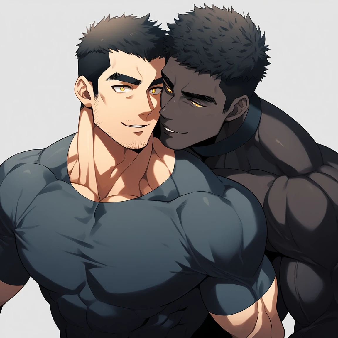 anime characters:Two superheroes in tights, Muscle superhero, negro black skin, They hugged and kissed each other, Bite your neck, Caress, Manliness, male focus, Yellow and black high collar long sleeve tight T-shirt, Slightly transparent material, Very tight, Round, full and perky chest muscles, Muscle waist, Slightly transparent, muscular male, muscular, only, Upper body, alone, Black short hair, Thick eyebrows, stubble, Yellow eyes, Grey background, simple background, amazing quality, best aesthetics, Ridiculous, bright pupils, crew cut, parted lips, seductive smile, torogao, naughty face, drop shadow, best quality