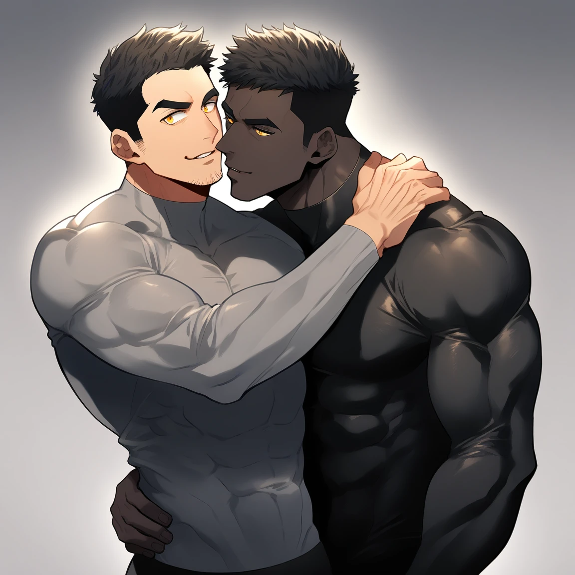 anime characters:Two superheroes in tights, Muscle superhero, negro black skin, They hugged and kissed each other, Bite your neck, Caress, Manliness, male focus, Yellow and black high collar long sleeve tight T-shirt, Slightly transparent material, Very tight, Round, full and perky chest muscles, Muscle waist, Slightly transparent, muscular male, muscular, only, Upper body, alone, Black short hair, Thick eyebrows, stubble, Yellow eyes, Grey background, simple background, amazing quality, best aesthetics, Ridiculous, bright pupils, crew cut, parted lips, seductive smile, torogao, naughty face, drop shadow, best quality