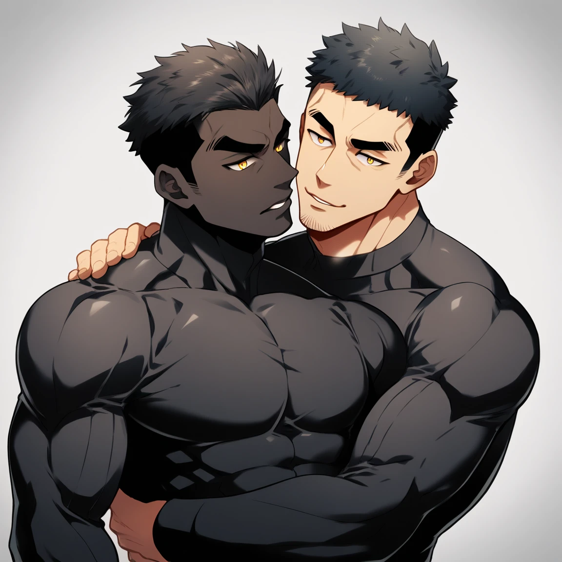 anime characters:Two superheroes in tights, Muscle superhero, negro black skin, They hugged and kissed each other, Bite your neck, Caress, Manliness, male focus, Yellow and black high collar long sleeve tight T-shirt, Slightly transparent material, Very tight, Round, full and perky chest muscles, Muscle waist, Slightly transparent, muscular male, muscular, only, Upper body, alone, Black short hair, Thick eyebrows, stubble, Yellow eyes, Grey background, simple background, amazing quality, best aesthetics, Ridiculous, bright pupils, crew cut, parted lips, seductive smile, torogao, naughty face, drop shadow, best quality