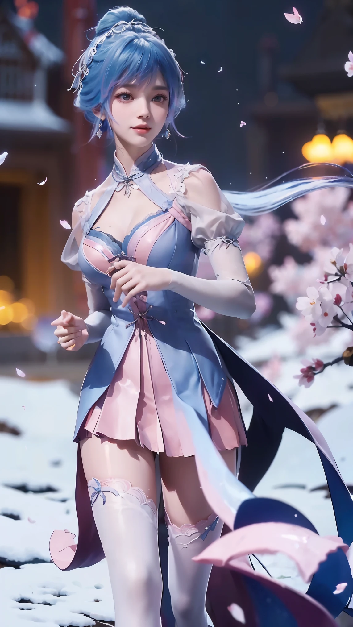 (Logo、masterpiece、8K、On the table、RAW photos、wonderful、最high quality、Photorealistic and hVery detailed CG integrated 8K wallpaper、high quality、Very detailed、Narrative Poems、Particle Effects、dynamic effect)、fantasy、 (1 beautiful woman、Pretty Face、serious、Beautiful and delicate eyes、Beautiful skin、Woman dancing gracefully:1.4)、头发在wind中飘舞、hair jump、camisole、Silver earrings、night、wind、snow and 霜、Very cold winter day、Bathtub side、wonderful scenery、美丽的自然wind光、night sky、wind、Cherry blossoms、Cherry blossomsの花びらが舞っている、Fubuki Sakura、Falling Flowers,Suspender Pajamas,Lace-edged pajamas,Full body capture,Double tail,Colored hair,Blue and Pink Ombre Hair