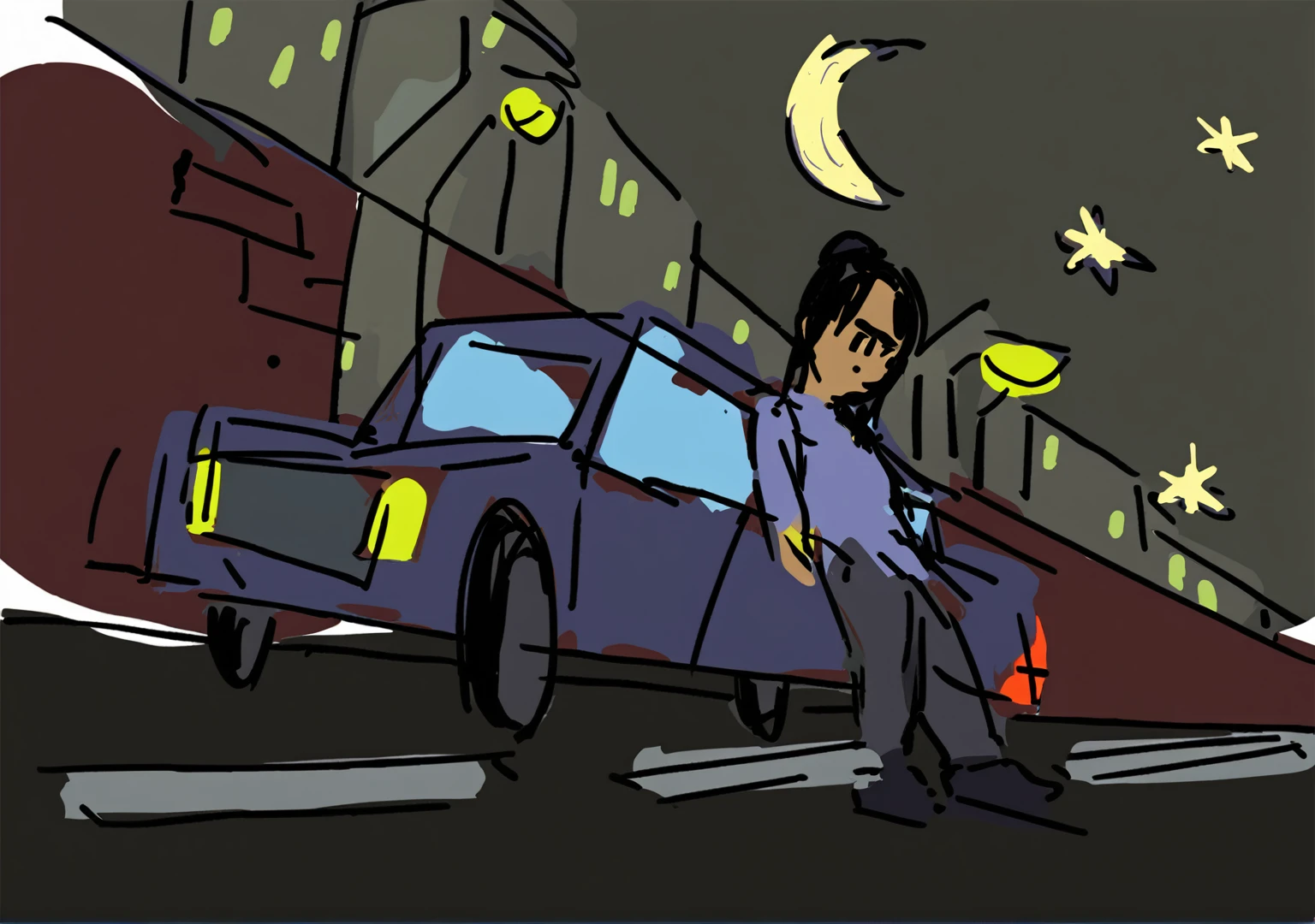 Cartoon illustration of a woman standing in front of a car on a city street, Drawn in neo-noir style, on a street at night, calm night. digital illustration, watching night streets, drawn in photoshop, street night, nighttime scene, Drawn in the style of Marc Ariane, arknight style, Animation style, Drawn in noir style, night, night time scene, diagonal shot, red wall, two lane road, street lamp in front of the wall, shining street lamp, gtr 34, full moon, Shining Star, building behind the wall, shining window, shining car lights, sports tires, one woman, black long hair, Pose leaning on a car, expressionless,