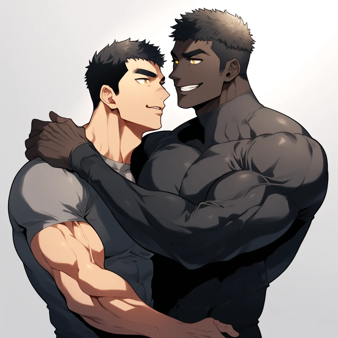 anime characters：Two superheroes in tights, Muscle superhero, ????? black skin, They hugged and kissed each other, Bite your neck, Caress, Manliness, male focus, Yellow and black high collar long sleeve tight T-shirt, Slightly transparent material, Very tight, Round, full and perky chest muscles, Muscle waist, Slightly transparent, muscular male, muscular, only, Upper body, alone, Black short hair, Thick eyebrows, stubble, Yellow eyes, Grey background, simple background, amazing quality, best aesthetics, Ridiculous, bright pupils, crew cut, parted lips, seductive smile, torogao, naughty face, drop shadow, best quality