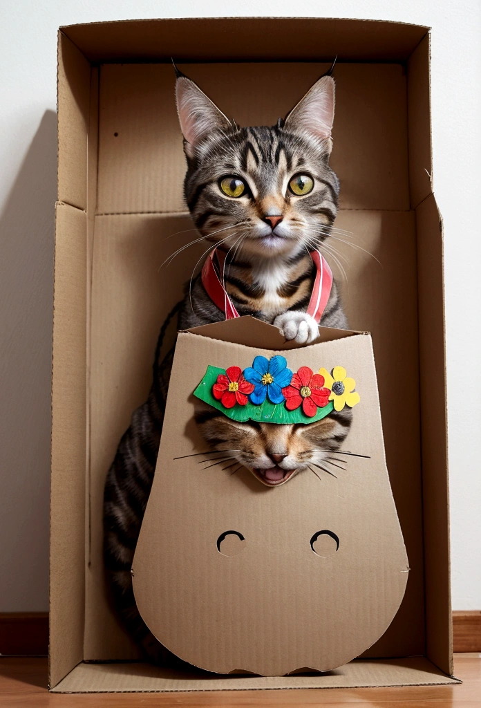 Cat in cardboard,Smiling,Art made from junk and cans,But artistic, progressive, innovative,flower