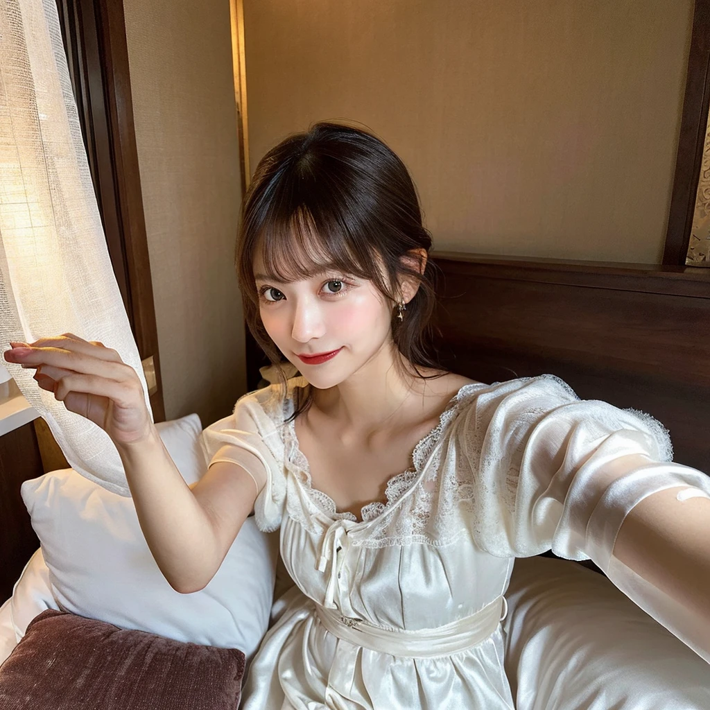 A woman, nestled in the plush, white linens of her hotel bed, captures a serene (selfie:1.8) just after waking up. She’s wearing a soft, silk nightgown, with the morning light filtering through sheer curtains behind her. Her expression is peaceful, with a subtle smile, embodying a relaxed start to the day. The opulent headboard and the fluffy pillows frame her, highlighting the luxury of her surroundings