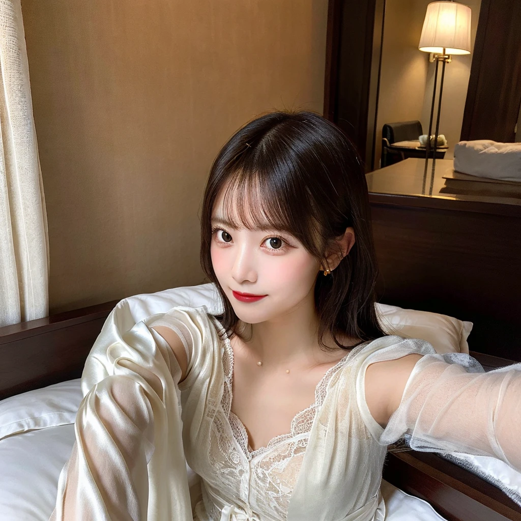 A woman, nestled in the plush, white linens of her hotel bed, captures a serene (selfie:1.8) just after waking up. She’s wearing a soft, silk nightgown, with the morning light filtering through sheer curtains behind her. Her expression is peaceful, with a subtle smile, embodying a relaxed start to the day. The opulent headboard and the fluffy pillows frame her, highlighting the luxury of her surroundings