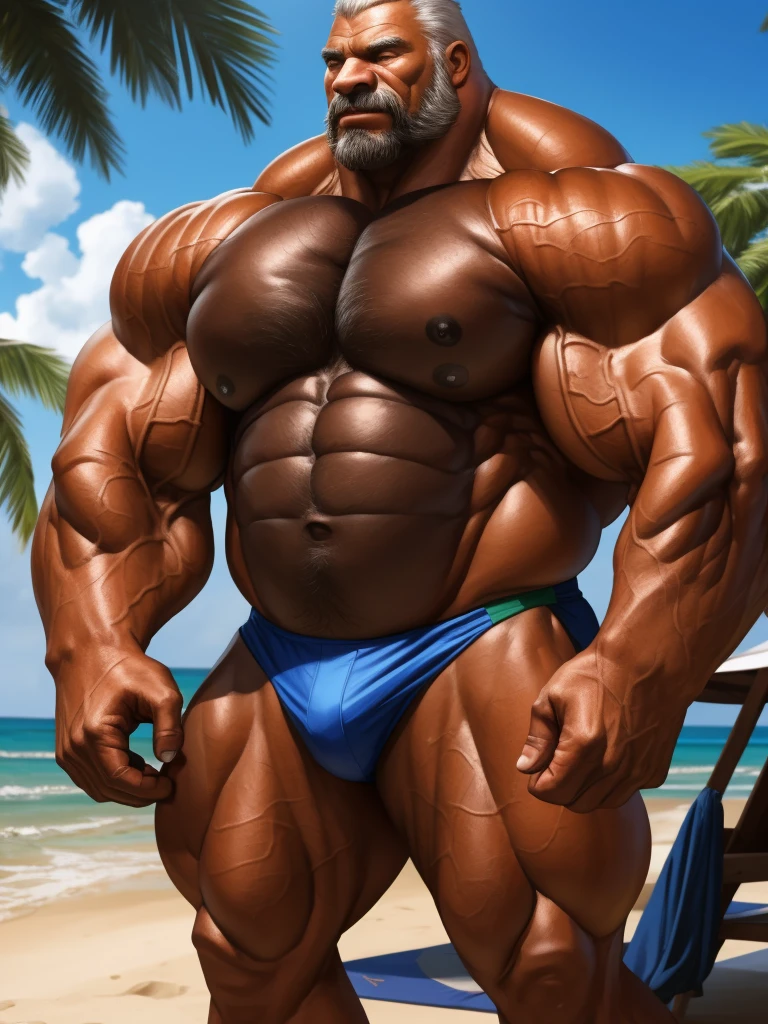 realistic, hyper realistic, detailed muscle, good anatomi, masterpiece, art winner, beach, extremely huge muscular, massive muscular, full-body, well-muscled old man. ((extremely muscle size, super thick arms, huge pec, extremely wide pectoral , huge arms)). and add details to make it attractive and interesting. Add textures and details to make the image more realistic, Make sure the resulting image is high resolution, 8K quality."