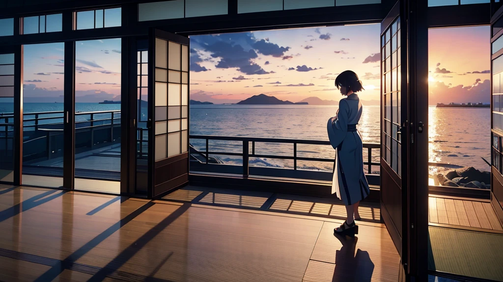 A woman looking out the window at the sea, 受Shinkai Makoto启发的逼真, shutter, Wonderful realism, Shinkai Makoto 西里尔·罗兰多, Watch the sunset. Japanese cartoons, Amazing wallpapers, Shinkai Makoto风格, beautiful Japanese cartoons scene, Universe sky. author:Shinkai Makoto, A quiet night. Digital Illustration,Full transparent floor-to-ceiling windows