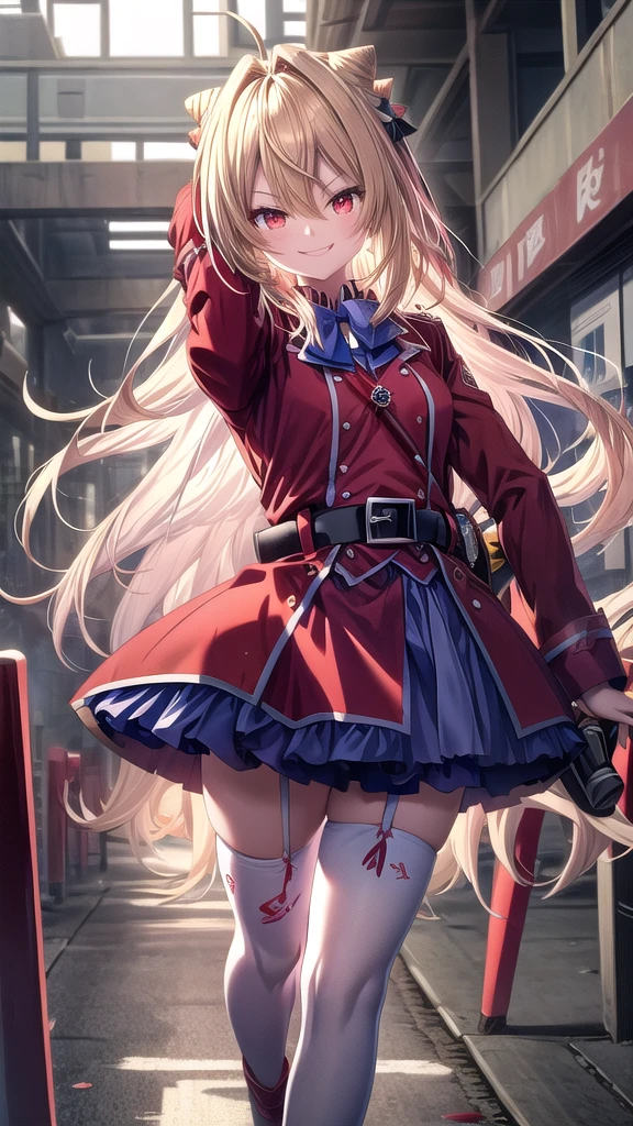 ((Best Quality)), ((Masterpiece)), (detailed), (full body view), {Terakomari Gandesblood}, {1girl, Alone, long hair, blonde hair, cone hair bun, hair ornament, hair intakes, Ahoge, bangs, red eyes, blue bowtie, red jacket, red coat, long sleeves, belt, white skirt, garter straps, white thighhighs}, wields a red katana, (He brandishes a red katana), dominant smile, (dominant smile), en el Free field, (Free field), {correct anatomy}, (remove noise), (16k resolution), (ultra definition), (quality 1.1), (Best Quality anime), (illuminated by god).