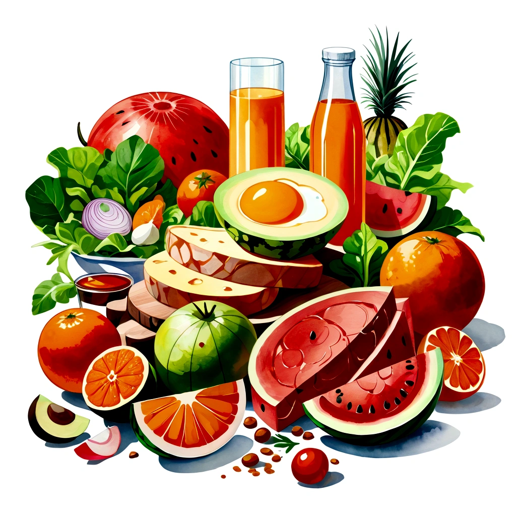 ((masterpiece)), ((best quality)), Healthy food illustration. gouache watercolor style, vibrant color, there are various fresh food in composition, juice, infused water, milk, orang juice, tomato juice, a toasted egg, oath, wheat, triangle cheese, melon, apples, avocadoes, orange, onion, potatoes, bread, glass of mineral water, fresh meat, chicken meat, melon, watermelon, paprika, orange, lettuce and many other, 8k, vibrant color, against brilliant white background, isolated in white