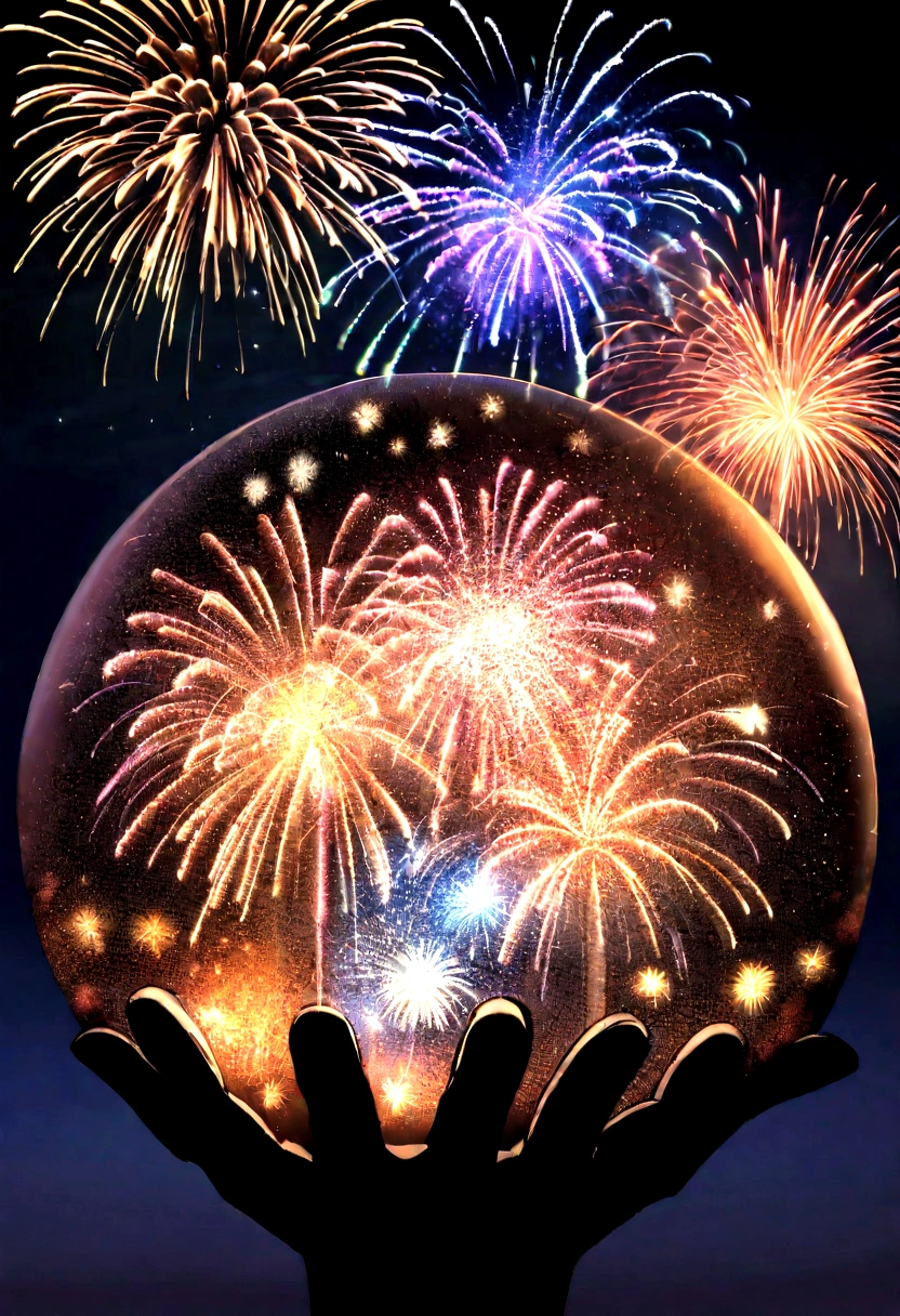 ((firework)), No background, 中にfireworkが入ったガラス球, 球状のfirework, Complex and shining atmosphere, Magic Particles, Bottle of stars, Glass and Light, Beautiful and intricate glass spheres, New Year's Eve, Sparks and liquid fires, 大きなfireworkが1つ,Magic Particles, Luminous sphere, Magic Particles in the air, Spherical lightning, sparkling in the air,colorful,日本のfirework