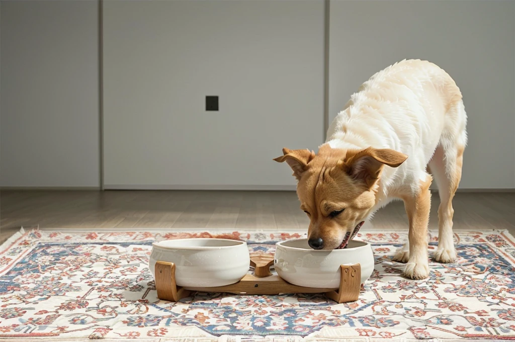 There is a dog eating food from a bowl on the floor, Designed for comfort and aesthetics!, carpet,pet, Dinner is ready, detailed patterned carpet, pective room layout,  Very tasty, Incredible quality, Unrivaled quality, Four-legged,   totally symmetrical, A calm mood，Japanese interior decoration style，A dog eating，地上铺着一块carpet，Natural light and shadow