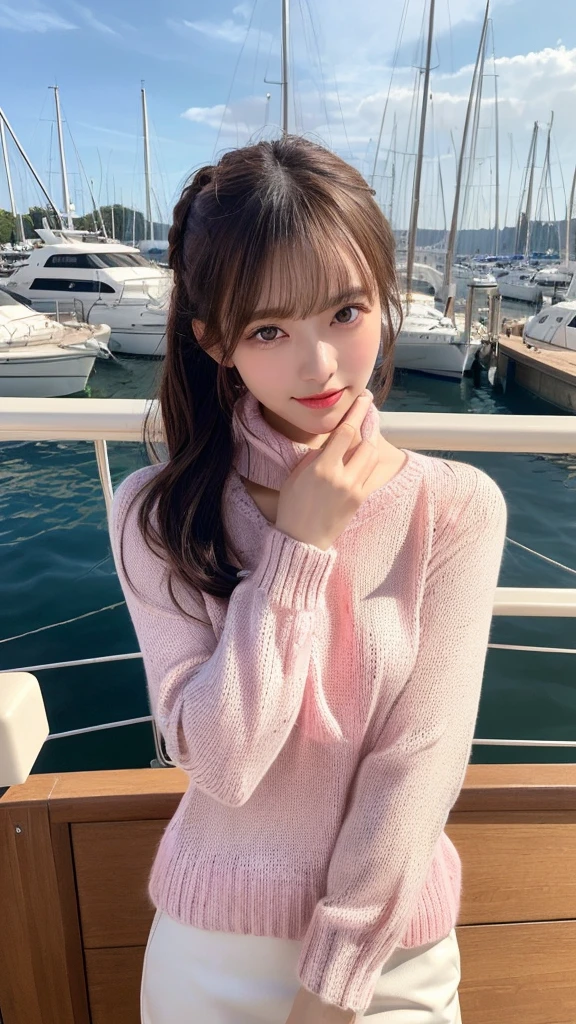 (masterpiece:1.5)、(realistic:1.5)、(highest quality:1.4、8K、RAW photo）、 ultra high resolution、professional lighting、perfect dynamic composition、Photographed at an antique and stylish cafe、 film grain、chromatic aberration、(bokeh:1.1)、 Frank、Sophisticated、charm、超Realistic、high detail、golden ratio、 (1 girl)、slender girl、Delicate and charming girl、cute woman:1.4、 serious expression、looking at the viewer、sculpture installation、light brown hair、shining hair、The hairstyle is long、 real looking skin、 smile、fine eyes、double eyelid、thin arms、(Wearing a pink knitted sweater:1.3) Coordination: Navy and white striped top、White Capri Pants、Boat shoes。Added red scarf and anchor motif accessories。
	•hairdo: Slick high ponytail。
	• background: Marina and Yachts。