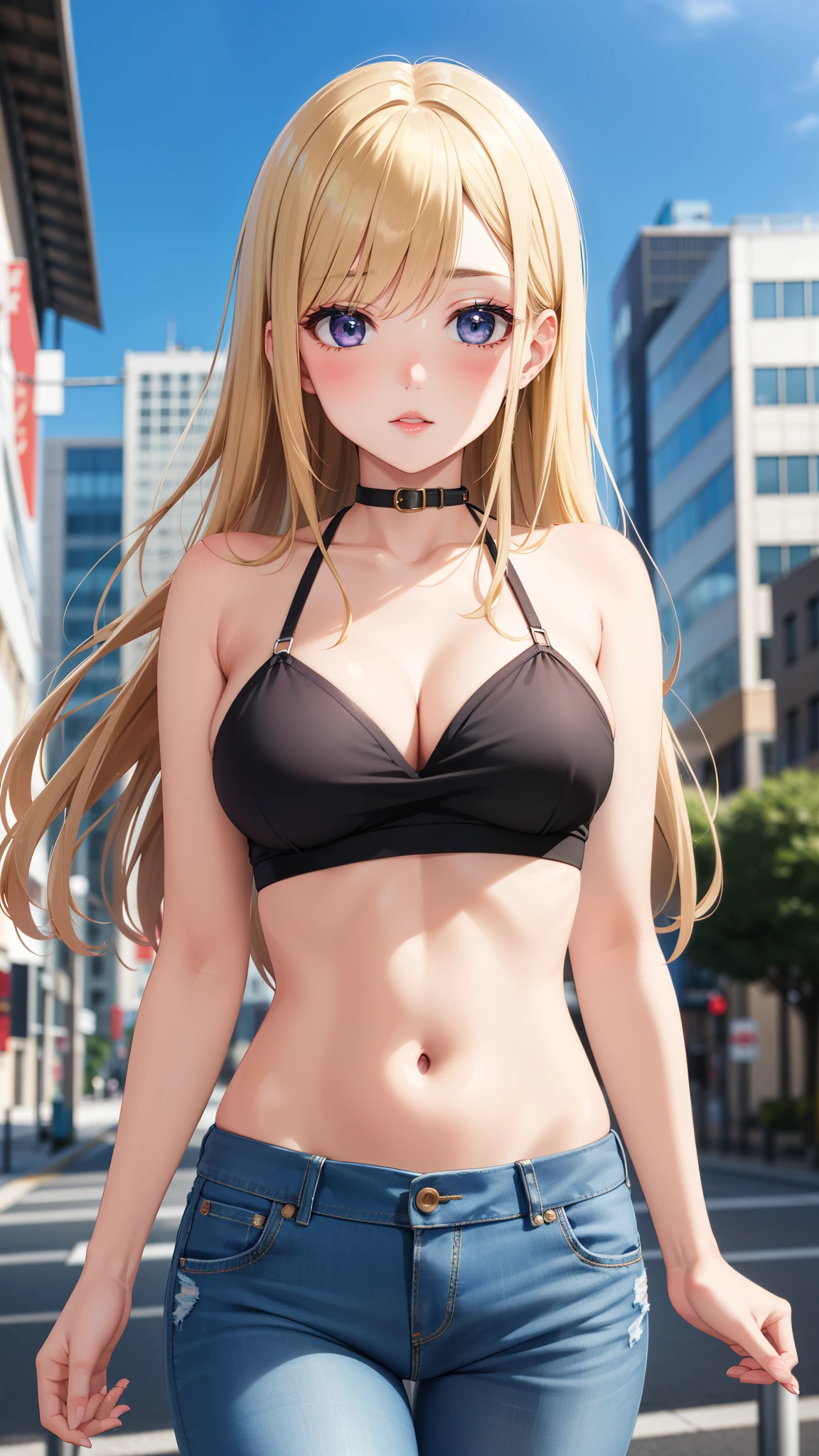 masterpiece, best quality, highly detailed, ultra high res, ayase arisa, kitagawa marin, 1girl, solo, blonde hair, glossy lips, full lips, city, halter top, jeans, looking at viewer