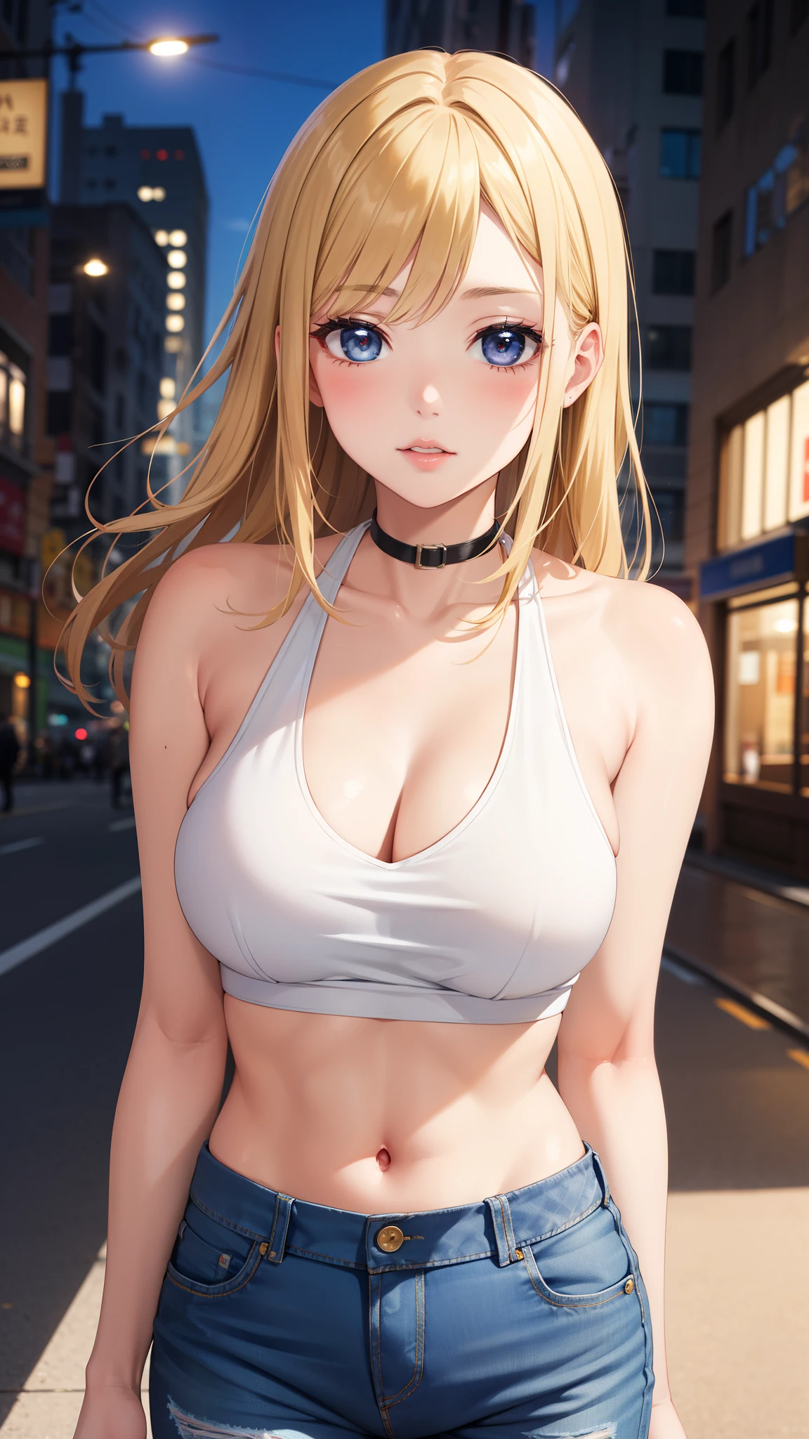 masterpiece, best quality, highly detailed, ultra high res, ayase arisa, kitagawa marin, 1girl, solo, blonde hair, glossy lips, full lips, city, halter top, jeans, looking at viewer