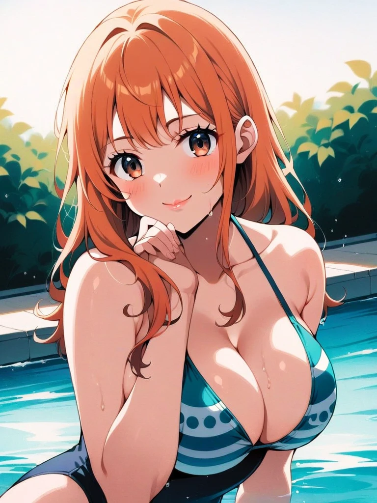 1girl, solo, breasts, long_hair, looking_at_viewer, orange_hair, smile, pool, cleavage, swimsuit, nami_(one_piece), brown_eyes, closed_mouth, large_breasts, upper_body, one-piece_swimsuit, water, blurry_background, wet, lips, bare_shoulders, bangs, blurry