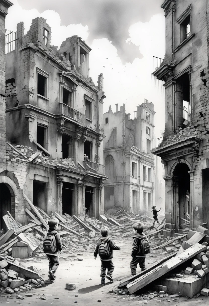 "Children playing innocently amongst ruins. Pencil drawing style, Banksy-esque street art. Collapsed buildings and graffiti in the background."