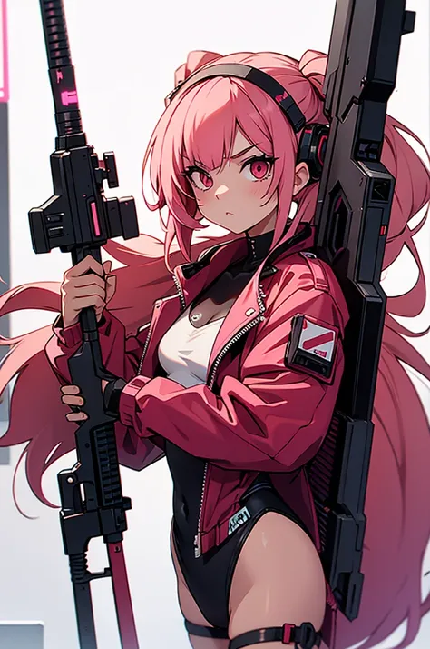 bunny girl, her hair is pink and long, her style is cyberpunk with weapons around the body, red clotches