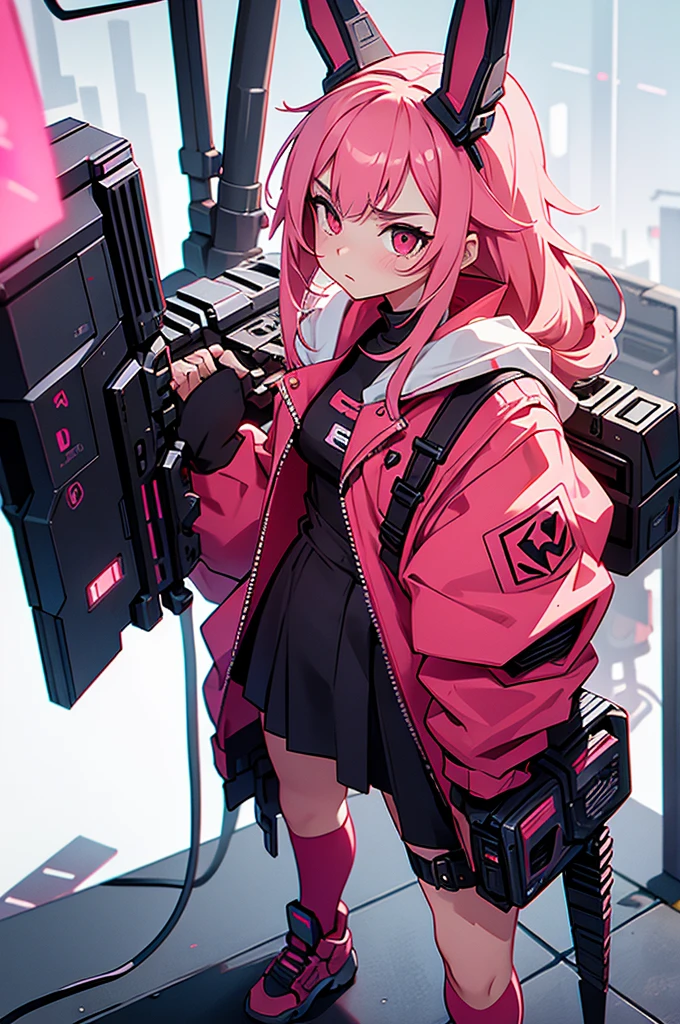 bunny girl, her hair is pink and long, her style is cyberpunk with weapons around the body, red clotches