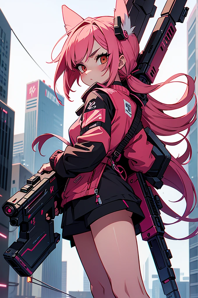 bunny girl, her hair is pink and long, her style is cyberpunk with weapons around the body, red clotches 