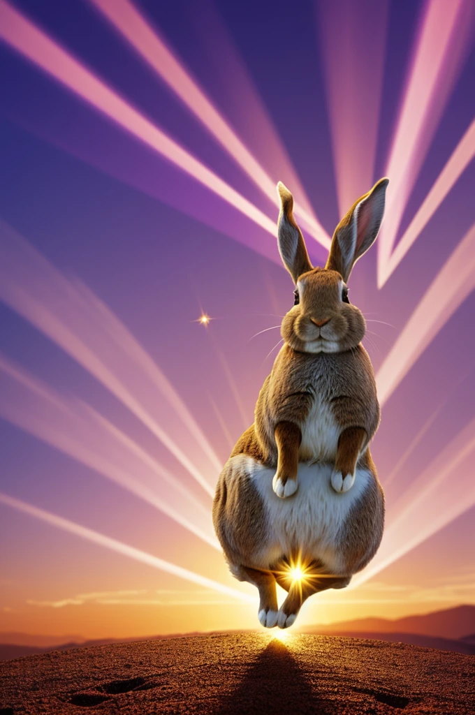 create a picture of a rabbit with a purple diamond. The red sun behind him has rays extending to the sides, like it was shining brightly. The golden spear pierces the sun and extends downwards, creating a dynamic effect. The rabbit has expressions of determination and speed, with its hind legs in full jump.