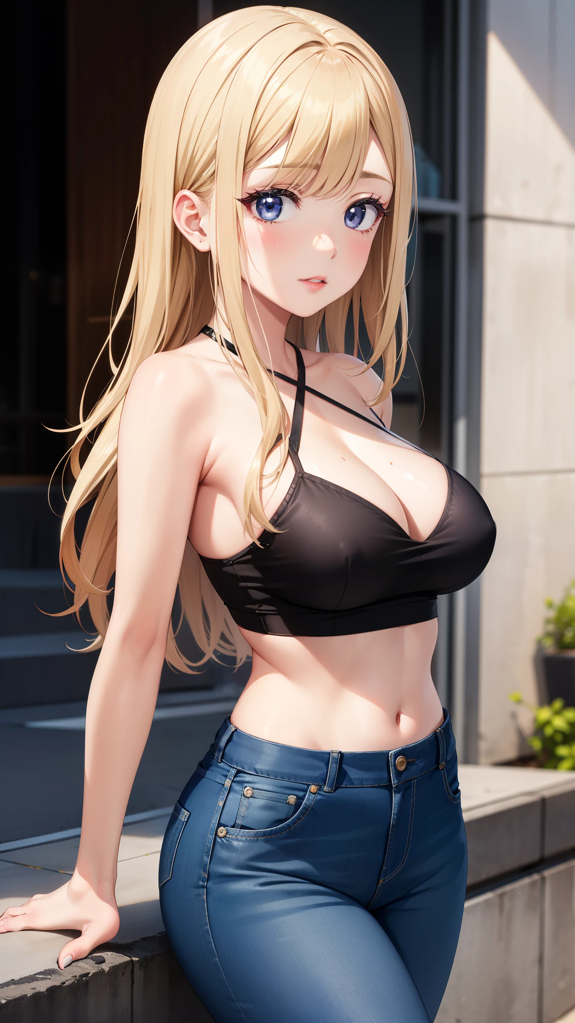 masterpiece, best quality, highly detailed, ultra high res, ayase arisa, kitagawa marin, 1girl, solo, blonde hair, glossy lips, full lips, city, halter top, jeans, looking at viewer