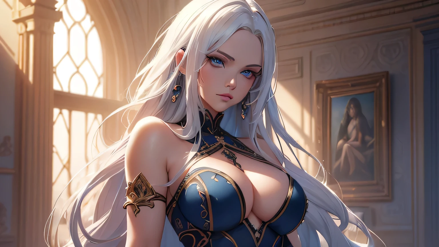 a beautiful woman with long white hair, piercing blue eyes, small breasts, wearing a revealing outfit, seductive pose, (best quality,4k,8k,highres,masterpiece:1.2),ultra-detailed,(realistic,photorealistic,photo-realistic:1.37),fantasy,digital art,highly detailed,intricate details,chiaroscuro lighting,dramatic lighting,vibrant colors,glowing skin