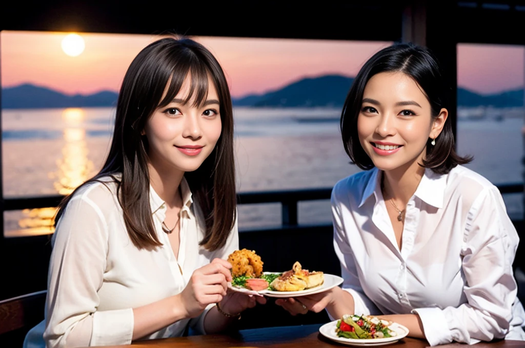 ((Highest quality、、masterpiece:1.3))、1 male、1 female、spouse、Beautiful couple、smile、sashimi、Yakitori Tempura、 (Slim face), (the body is スリム), (Brown Hair), (Shortcuts), ((Bob Hale、Straight hair:1.2)), Sake glasses on table、 Amazing view of the sunset sky and clouds、smileの美しさ、Bright image、Blushing, Shortcuts, (43 years old), 39 years old, Appetizers、Long sleeve shirt、dress、Attractive beauty、restaurant, Nova Frog Style, actress, model,