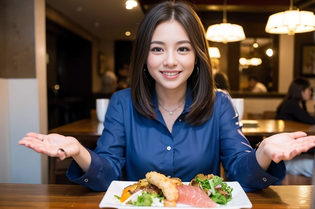 ((Highest quality、、masterpiece:1.3))、1 male、1 female、spouse、Beautiful couple、smile、sashimi、Yakitori Tempura、 (Slim face), (the body is スリム), (Brown Hair), (Shortcuts), ((Bob Hale、Straight hair:1.2)), Sake glasses on table、 Amazing view of the sunset sky and clouds、smileの美しさ、Bright image、Blushing, Shortcuts, (43 years old), 39 years old, Appetizers、Long sleeve shirt、dress、Attractive beauty、restaurant, Nova Frog Style, actress, model,