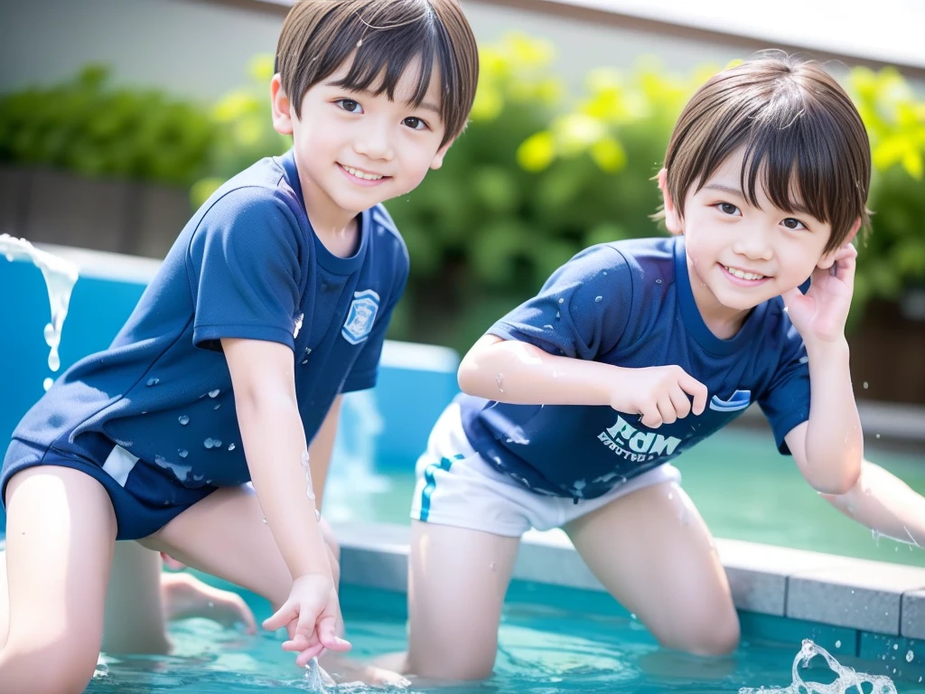 夏休みのprimary school校、Pool、primary school５Grade、Japan Boy、Glowing water splashes、A good boy dripping with water、hot day、Two Boys、Various poses、Short sleeve gym uniform、Blue shorts、physical education、barefoot，（Boy 1.4）、Boys only 、(１０Age 1.４)