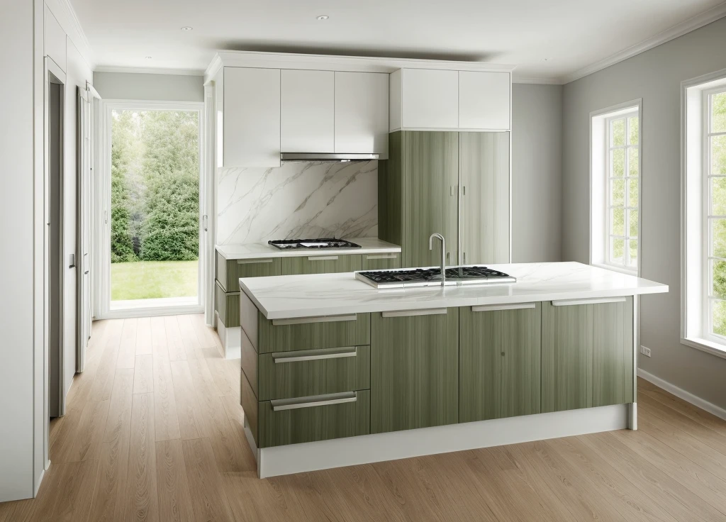 interior kitchen, modern style, timber floor, light army green and white cabinets, white marble, ((timber frame window: 1,2)), (silver fridge,) oven, pendants, light, realistic photo, high quality photo, (masterpiece),(realistic: 1.2),