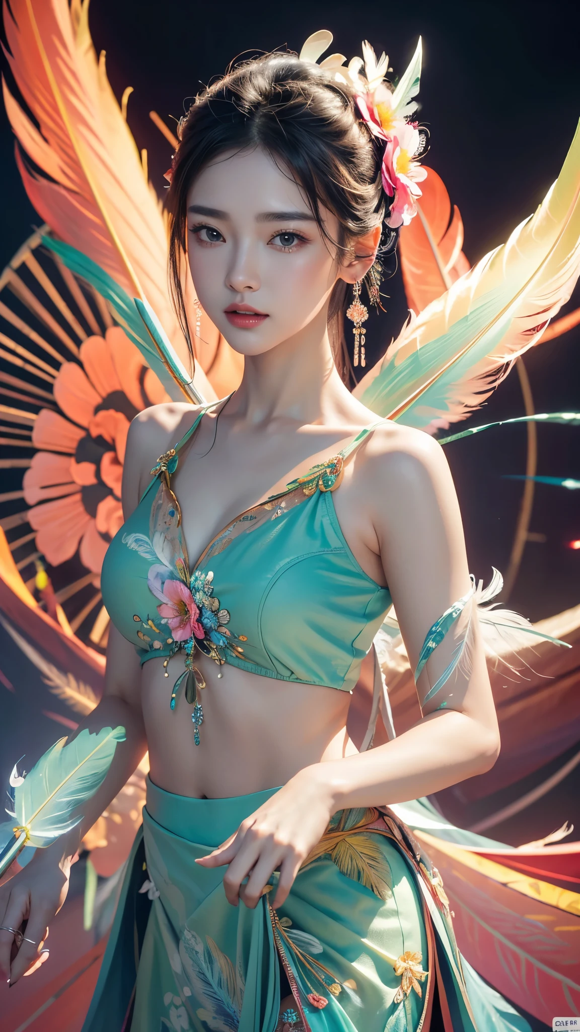 (Fashion Model)、Natural standing posture、bust、Beautiful Face、Beautiful hairstyle、short hair, Small breasts, Exposing shoulders, particle, Light, (masterpiece, Highest quality, Official Art, beautifully、aesthetic: 1.2), Very detailed, (Fractal Art: 1.1), (colorful: 1.1) (Flowers: 1.3), Best details, (Tangled: 1.2), (Dynamic pose), (Abstract background: 1.3) , (Glowing Skin), (Many colors: 1.4), (Earrings: 1.4), (feather: 1.4)
