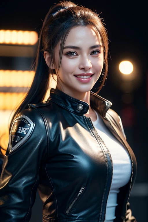 a gorgeous middle-aged busty woman, ponytail, leather jacket, lady bikers, motosport, beautiful smile showing teeth, pov, lover, cinematic lighting, (best quality,4k,8k,highres,masterpiece:1.2),ultra-detailed,(realistic,photorealistic,photo-realistic:1.37),HDR,UHD,studio lighting,ultra-fine painting,sharp focus,physically-based rendering,extreme detail description,professional,vivid colors,bokeh,portrait,photorealistic,cinematic,dramatic lighting