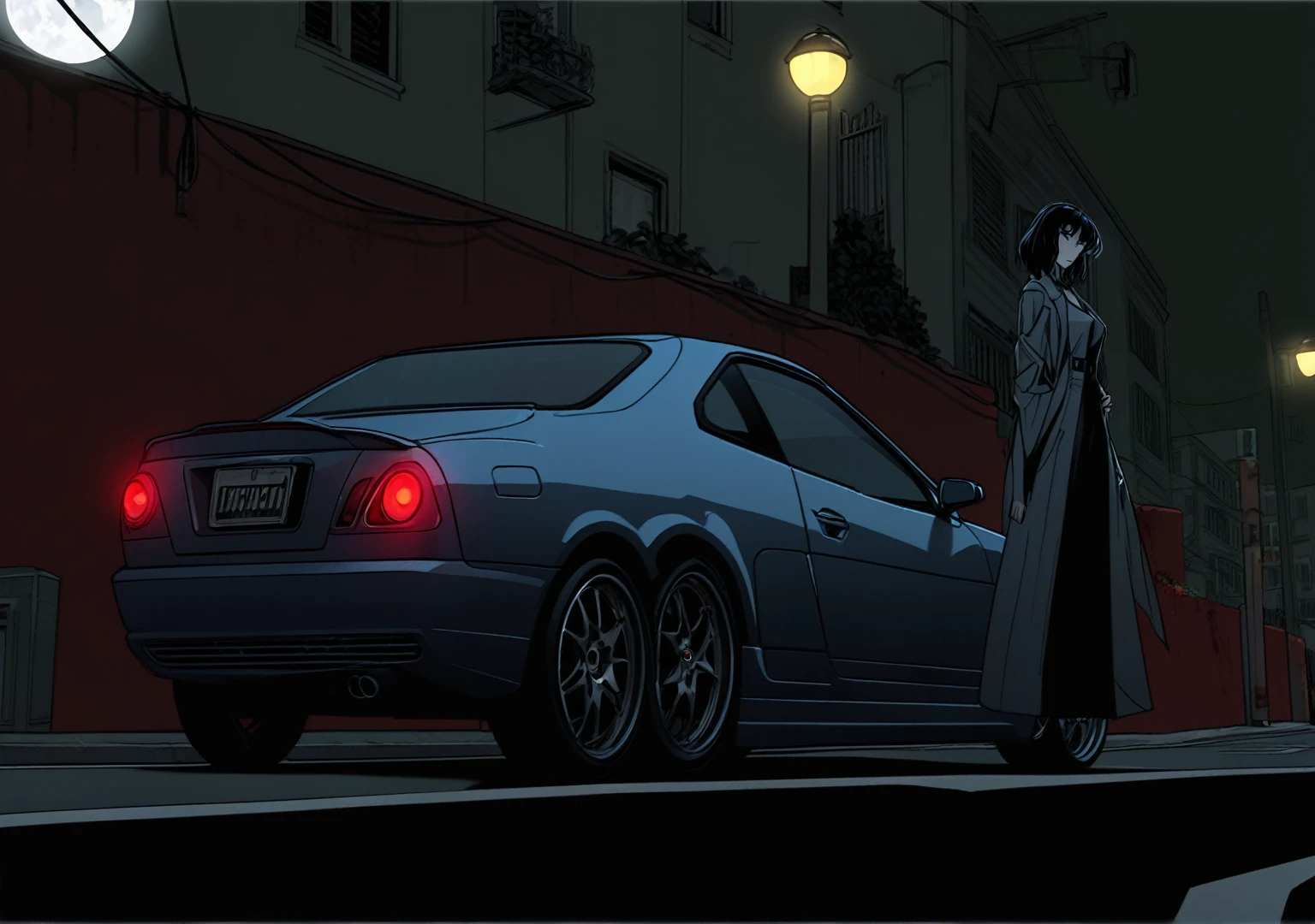 Cartoon illustration of a woman standing in front of a car on a city street, Drawn in neo-noir style, on a street at night, calm night. digital illustration, watching night streets, drawn in photoshop, street night, nighttime scene, Drawn in the style of Marc Ariane, arknight style, Animation style, Drawn in noir style, night, night time scene, diagonal shot, red wall, two lane road, street lamp in front of the wall, shining street lamp, gtr 34, full moon, Shining Star, building behind the wall, shining window, shining car lights, sports tires, one woman, black long hair, Pose leaning on a car, expressionless,