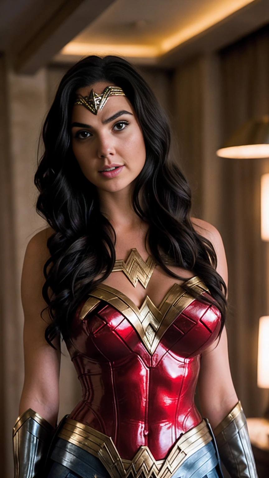 Wonder Woman face Gal Gadot,Long hair with a huge bust in a wonder woman costume,Lush bust. Latex glitters. Emphasizing large breasts and waist. Kate Upton&#39;s breasts. Big bust like Kate Upton