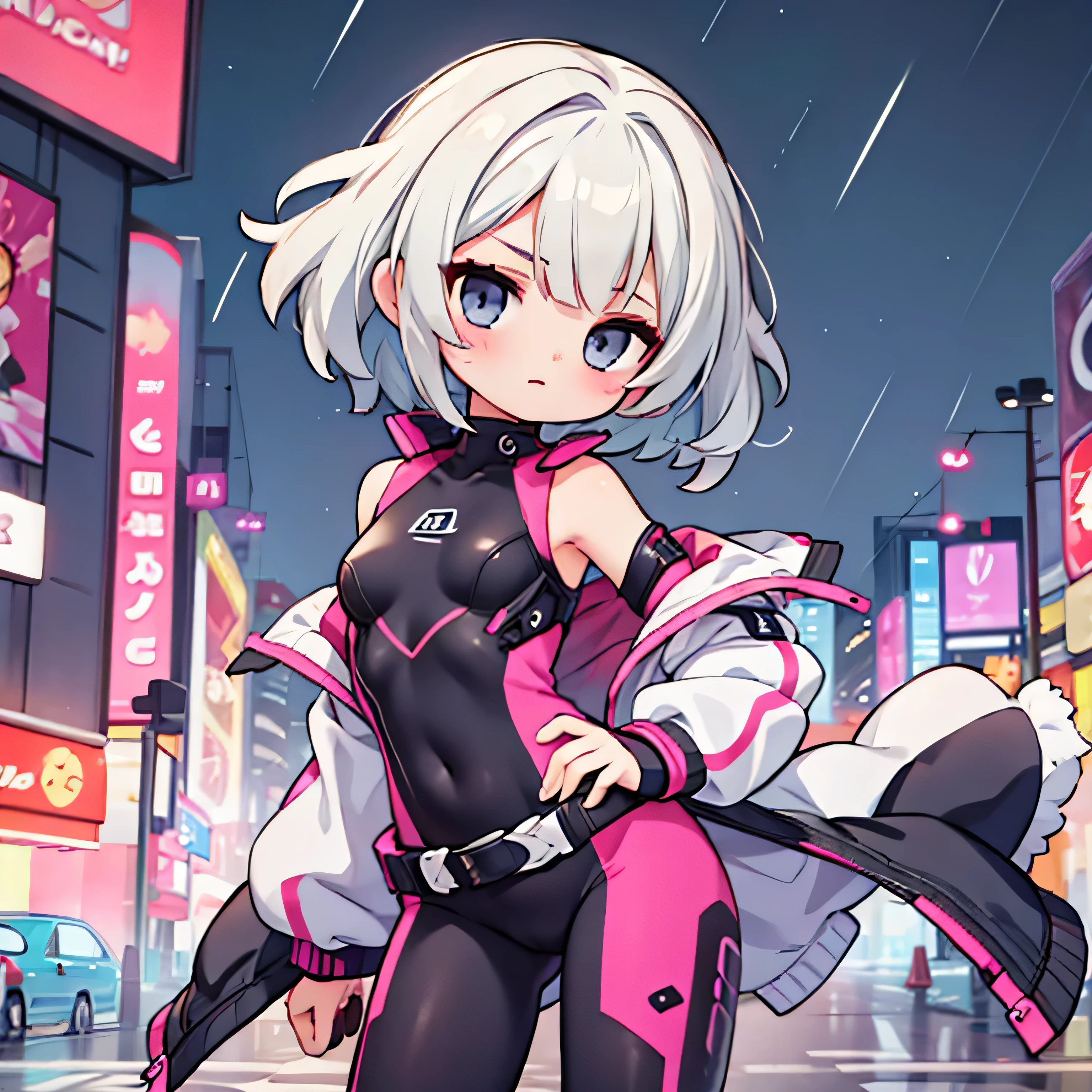a young girl, beautiful detailed face, asymmetric colorful hair, belt, bodysuit, hand covering mouth, exposed bellybutton, removable sleeves, gray eyes, hip bent pose, open jacket, cute, looking at viewer, night cityscape, neon lights, rain