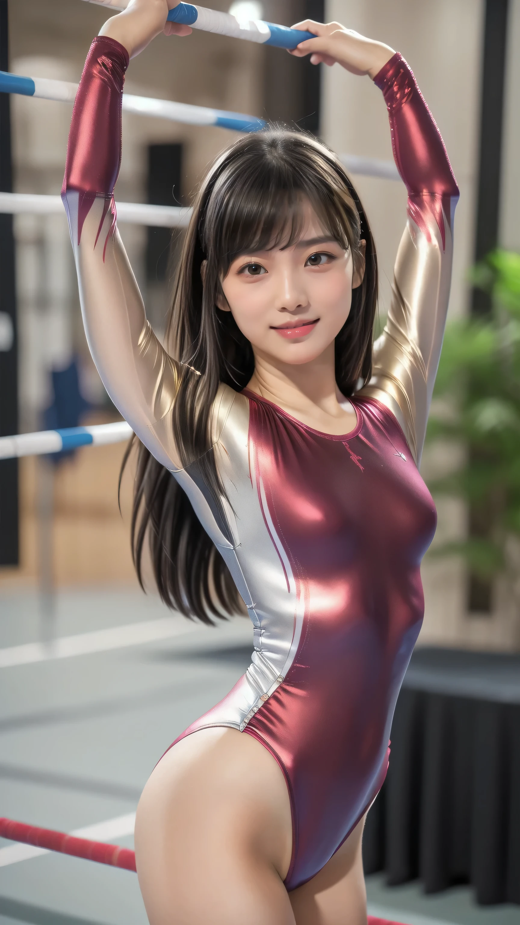((indoor, 新Gymnastics Venue, Gymnastics Venue:1.3)), ((Highly detailed skin), Beautiful realistic face, White skin, Pointed Chest, Small nipples, Accurate anatomy, Realistic eyes, Natural eyes, Brown eyes, Accurate eye focus, Accurate limbs), (hyper realist, Ultra-realistic, 4K, Attention to detail, Ultra-high resolution, Highest quality, masterpiece, Presence, dynamic, Uplifting, bold, Sharpness), (Thinning hair:2), (Soft Hair:2), (Straight hair:1.5), Long, slicked bangs, Light copper amber hair, Hair on one eye, (Twin tail hair), (Female gymnast, Detailed costume, Wearing a long sleeve leotard:1.5), Shiny long sleeve leotard, Metallic colors long sleeve leotard, Racing long sleeve leotard, Gymnastics Long Sleeve Leotard, ((High leg long sleeve leotard, Long sleeve leotard with crystals)), ({Metallic red color| Metallic purple color| Metallic white color| Metallic navy color| Metallic pink color| Metallic gold color| Metallic silver color| Metallic black color| Metallic colors}Long sleeve leotard colors), (Big Breasts:1.5), Tall, Elongated arms and legs, Small waist, Small hips, (On all fours), Doggy style, Pushing up her hips, Protruding hips, Accentuate your hips, The long-sleeved leotard is digging into her butt, Full body portrait, Put your chest close, Emphasize the chest, Looking into the camera, smile, barefoot, (Underhair does not grow),