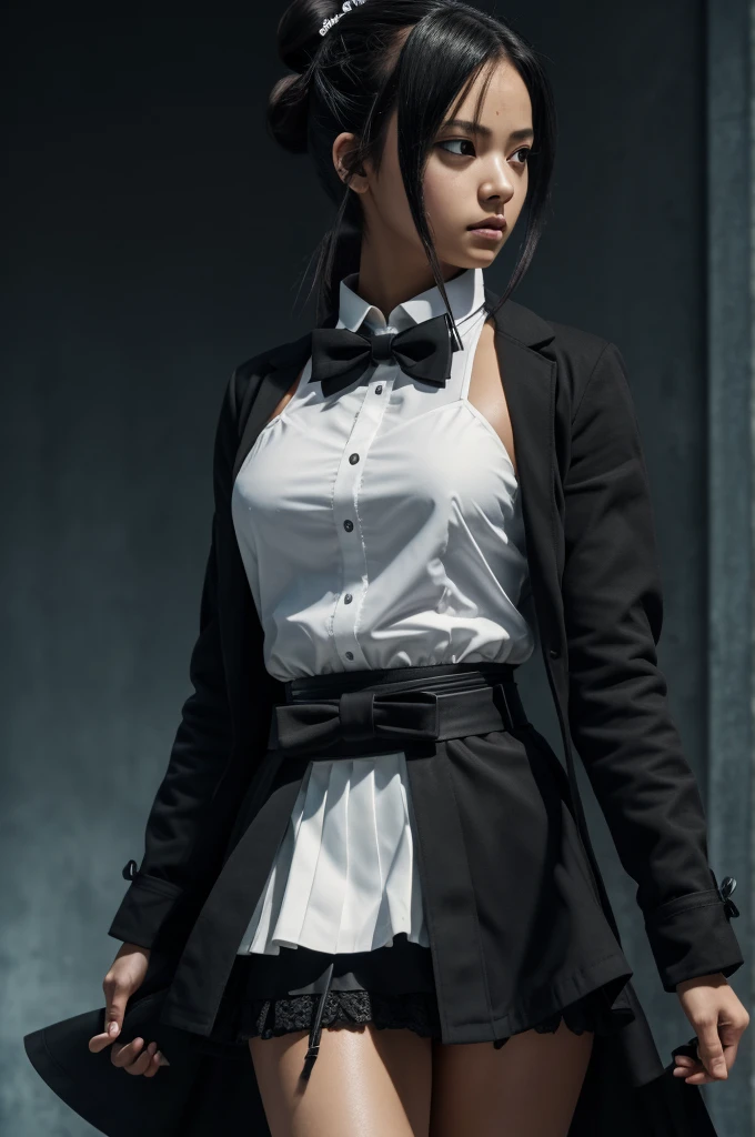 ((Best Quality)), ((Masterpiece)), (detailed), (medium body view), {Terakomari Gandesblood}, {1 girl, alone, wide, by rubio, cone hair bun, hair ornament, hair intakes, He drowned, hits, black eyes blue bow tie, black jacket, black coat, long sleeves, belt, black skirt garter straps, white thighs}, black katana in hands, {correct anatomy}, (remove noise), (16K resolution), (ultra definition), (quality 1.1), (Best Quality anime), (illuminated by god).