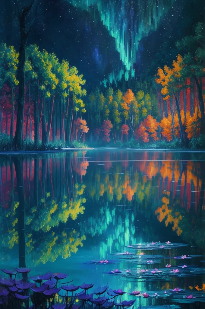 a painting of a lake with leaves floating on it at night, glowing reflections, magical colours and atmosphere, magical colors and atmosphere, monet. stunning lighting, beautifully lit landscape, river gorgeous lighting, glowing water, mystical forest lagoon, wow it is beautiful, glowing hue of teal, glowing forest, beautiful deep colors, beautiful painting, autumn night, stunning painting, mystical lake