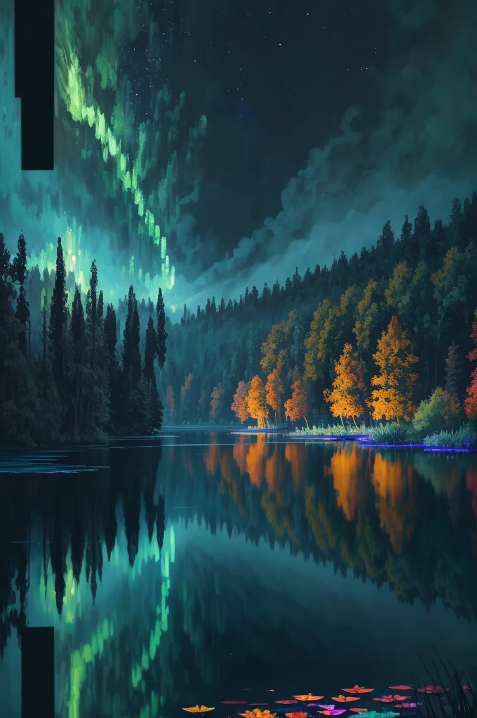 a painting of a lake with leaves floating on it at night, glowing reflections, magical colours and atmosphere, magical colors and atmosphere, monet. stunning lighting, beautifully lit landscape, river gorgeous lighting, glowing water, mystical forest lagoon, wow it is beautiful, glowing hue of teal, glowing forest, beautiful deep colors, beautiful painting, autumn night, stunning painting, mystical lake