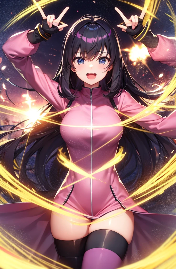 最high quality, high quality, 8K、High resolution,Highest quality、solo、A large heroine of justice wearing a pink battle suit.、Black Hair, Open Mouth Smile, Thighs